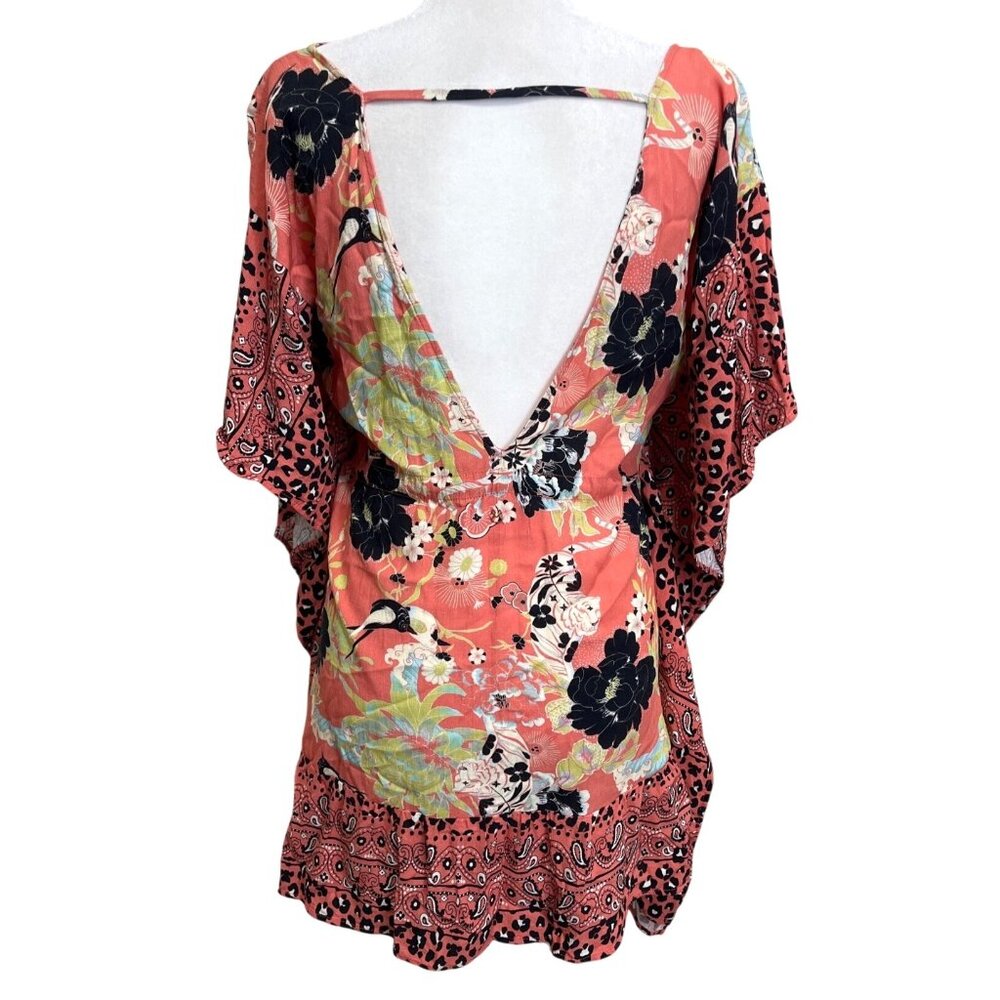 Maaji  Women Size M Kaftan Cover-Up Floral Animal Print Tunic Dress Peach Black - Picture 4 of 8
